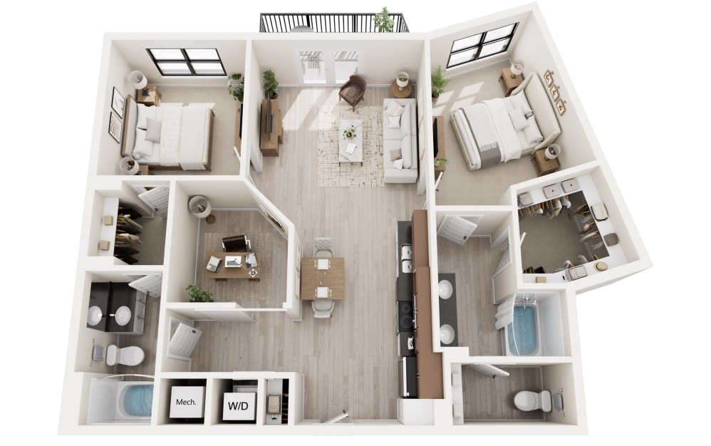 B1a - 2 bedroom floorplan layout with 2 bathrooms and 1198 square feet B1a - 2 bedroom floorplan layout with 2 bathrooms and 1198 square feet